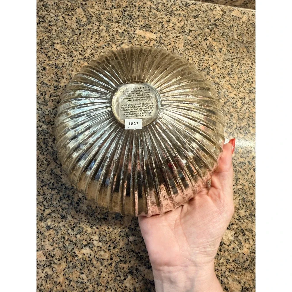 Pottery Barn Silver Mercury Glass Bowl Ribbed Decorative Centerpiece India